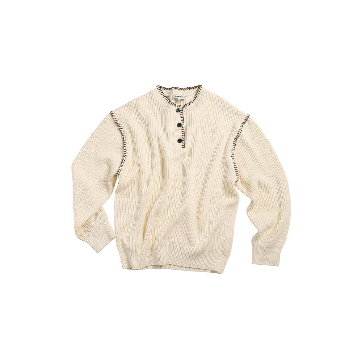 Beige Color Block Henley Collar Ribbed Knit Sweater