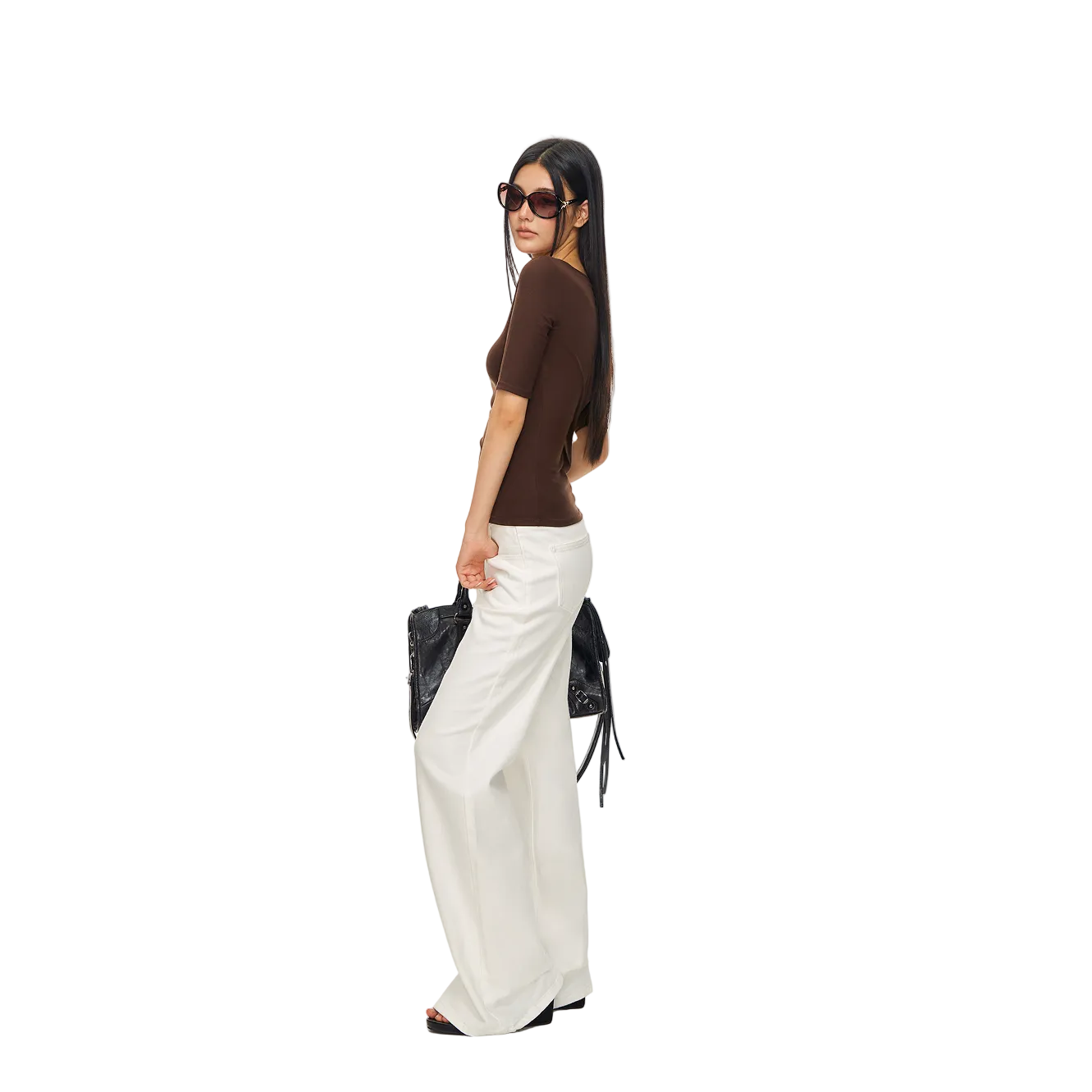 Brown Lyocell Cross Mid-Sleeve T-Shirt