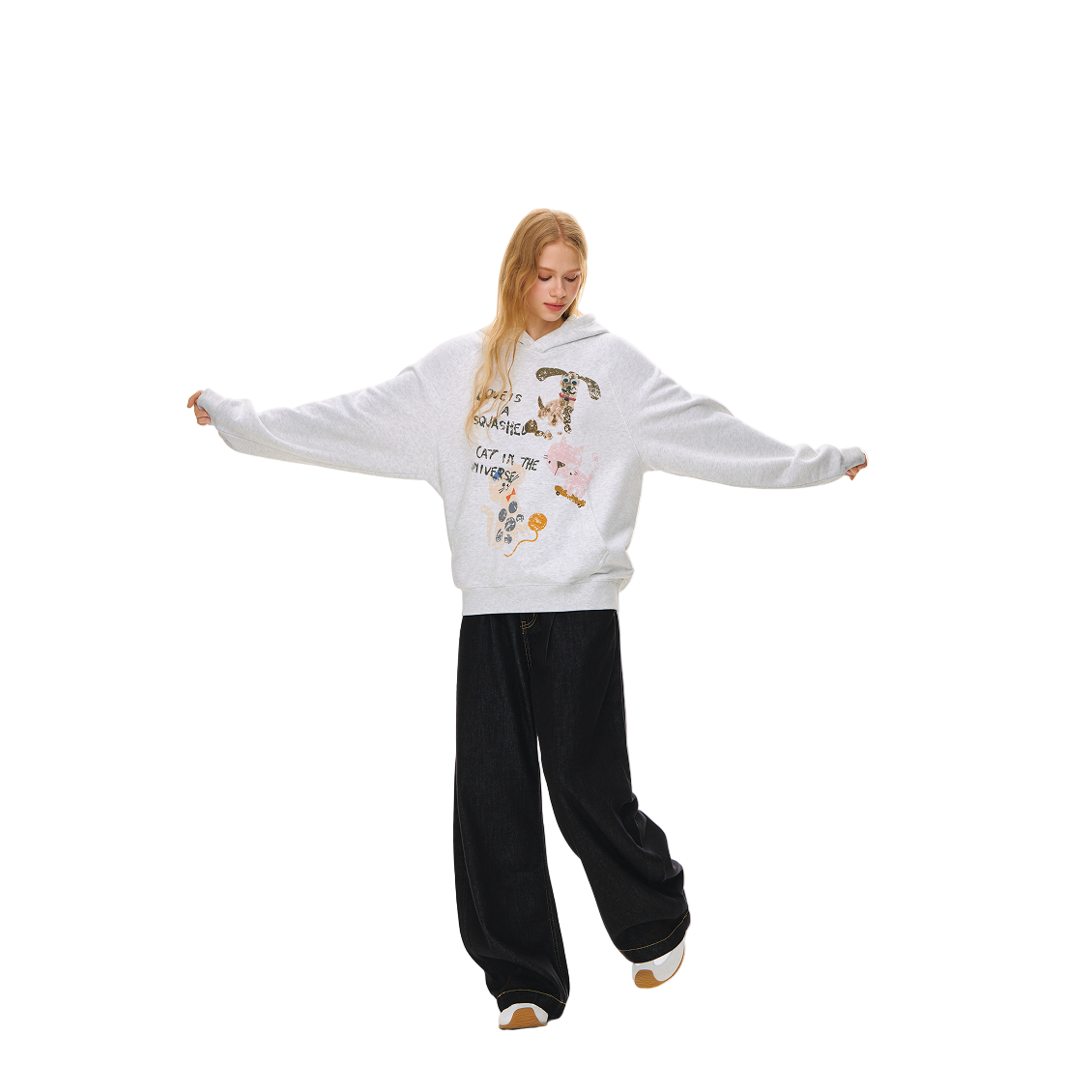 Oatmeal Hand-painted Graffiti Print Raglan Hooded Sweatshirt