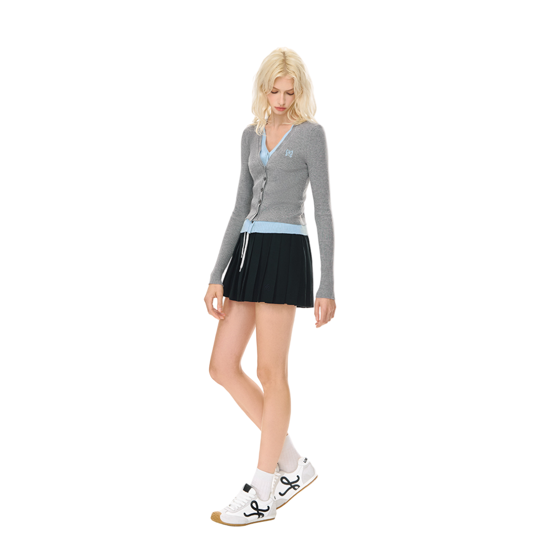 Tencel Wool Embroidered Fake Two-Piece V-Neck Knitted Cardigan In Grey
