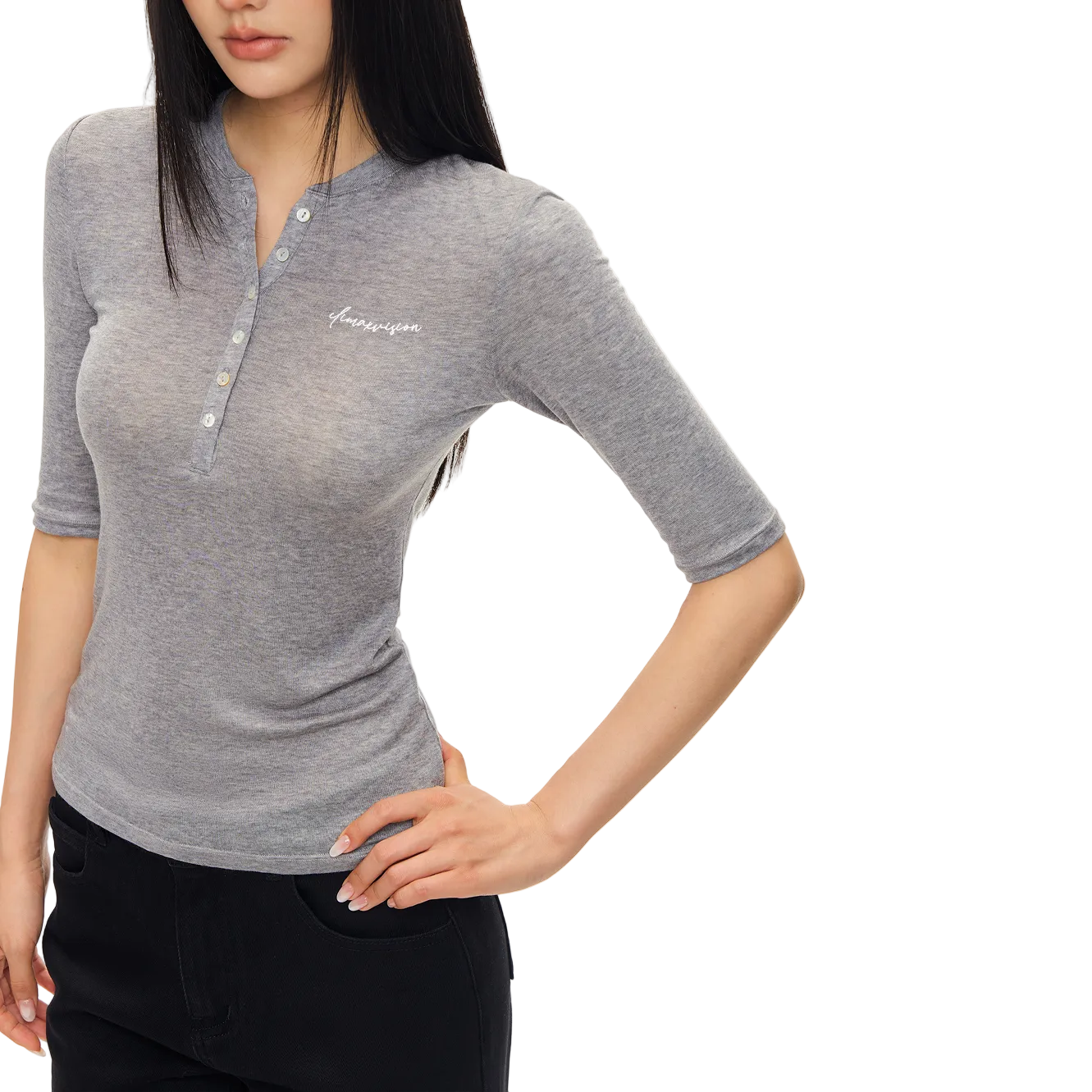 Grey Lyocell Wool Blend Henry Mid-Sleeve T-Shirt