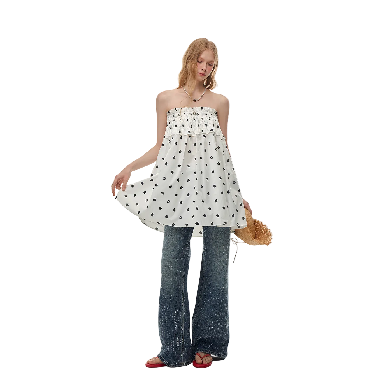 White Printed Two-Way Drawstring Strapless Dress/Skirt