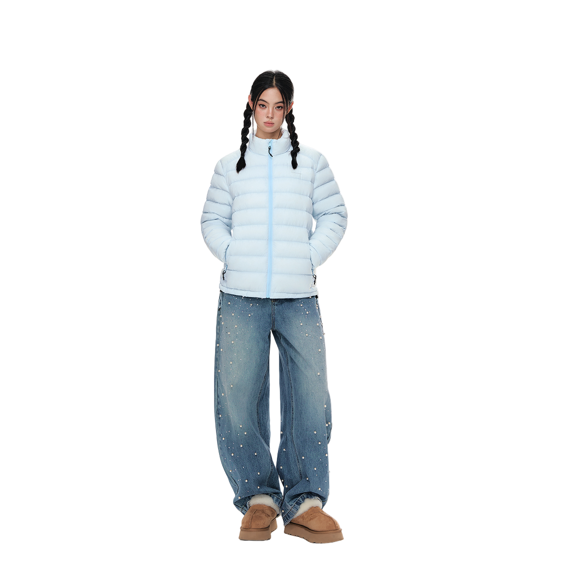 Blue Lightweight Cloud-like Ribbed Stand Collar Warm Down Jacket