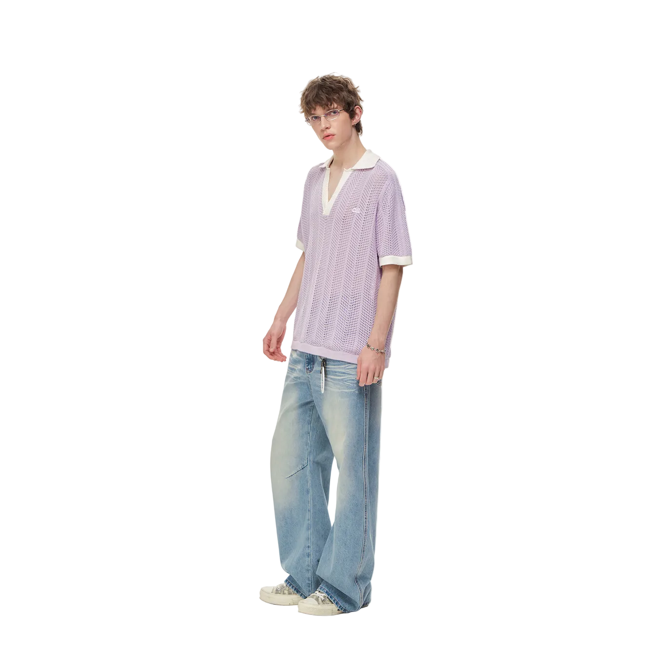 Purple Color Block Polo Collar Hollow-Out Knit Short-Sleeve