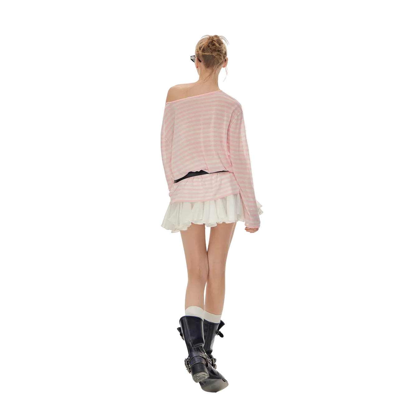 Pink Tencel Linen Striped Off-Shoulder Cover-Up T-Shirt