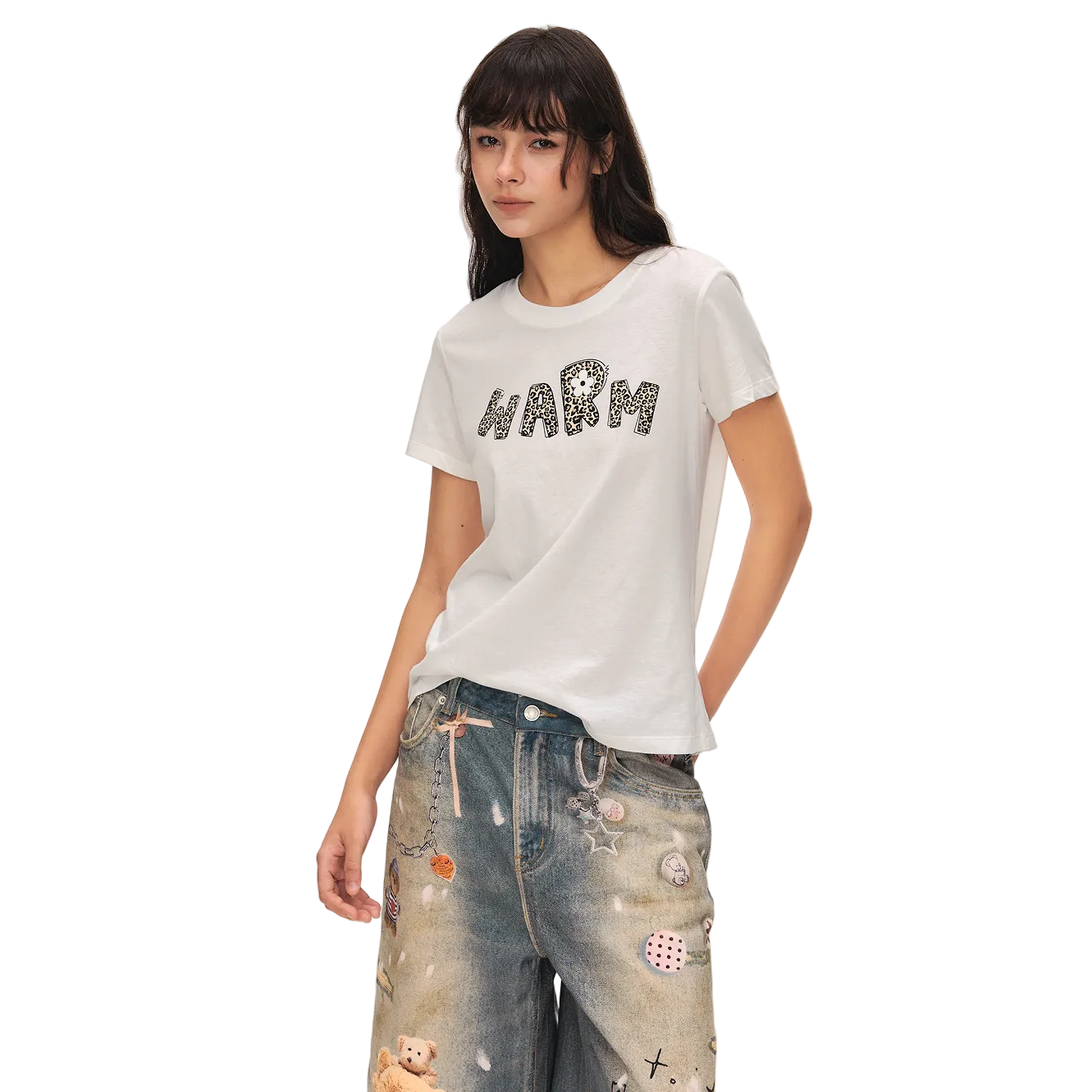 White Linen Leopard Print Letter Print Short-Sleeve T-Shirt
