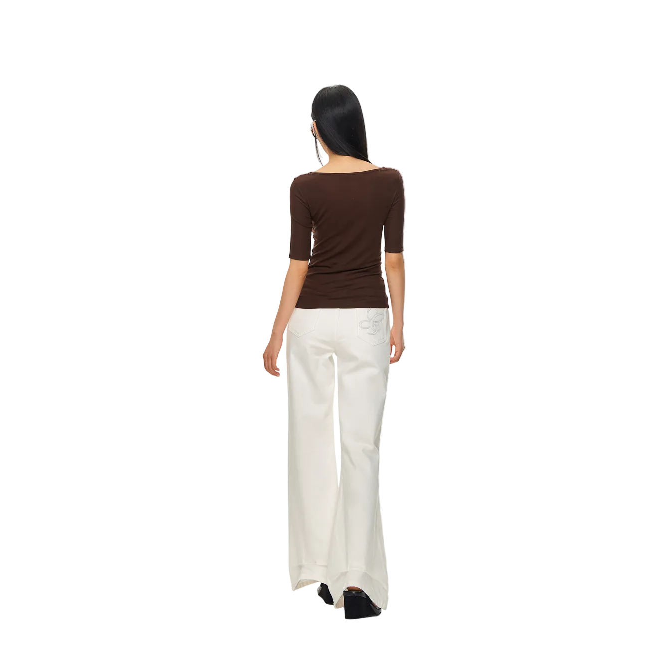 Brown Lyocell Cross Mid-Sleeve T-Shirt