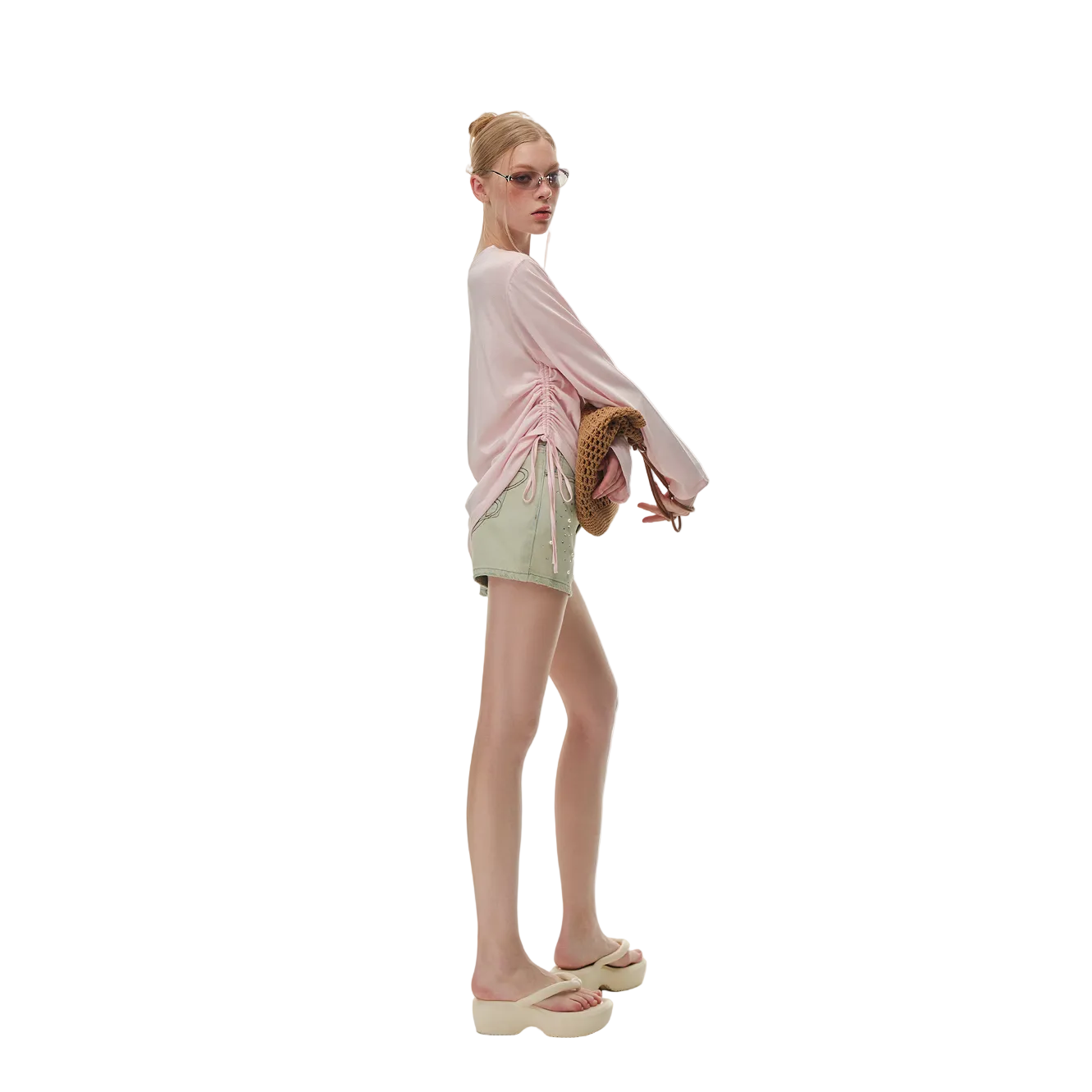 Pink Lyocell Floral Rhinestone Off-Shoulder Long Sleeve