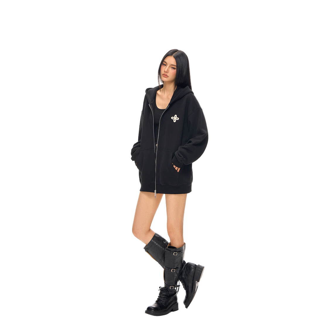 Black Cross-Patterned Fur Zip-Up Cardigan Hoodie