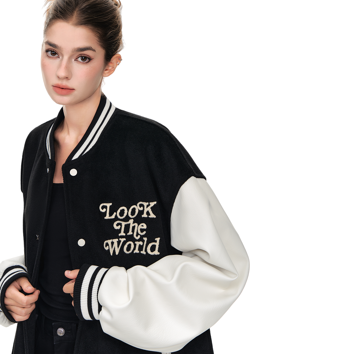 Black Pearl Beaded Embroidery Contrast Color Baseball Jacket