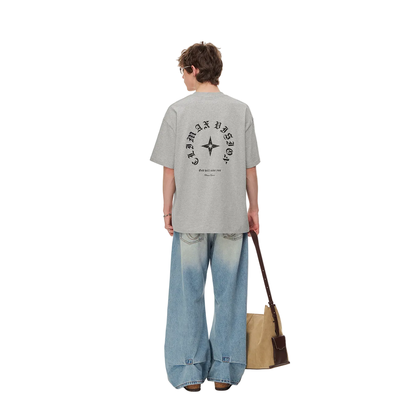 Grey Four-Pointed Star Print Short-Sleeve T-Shirt