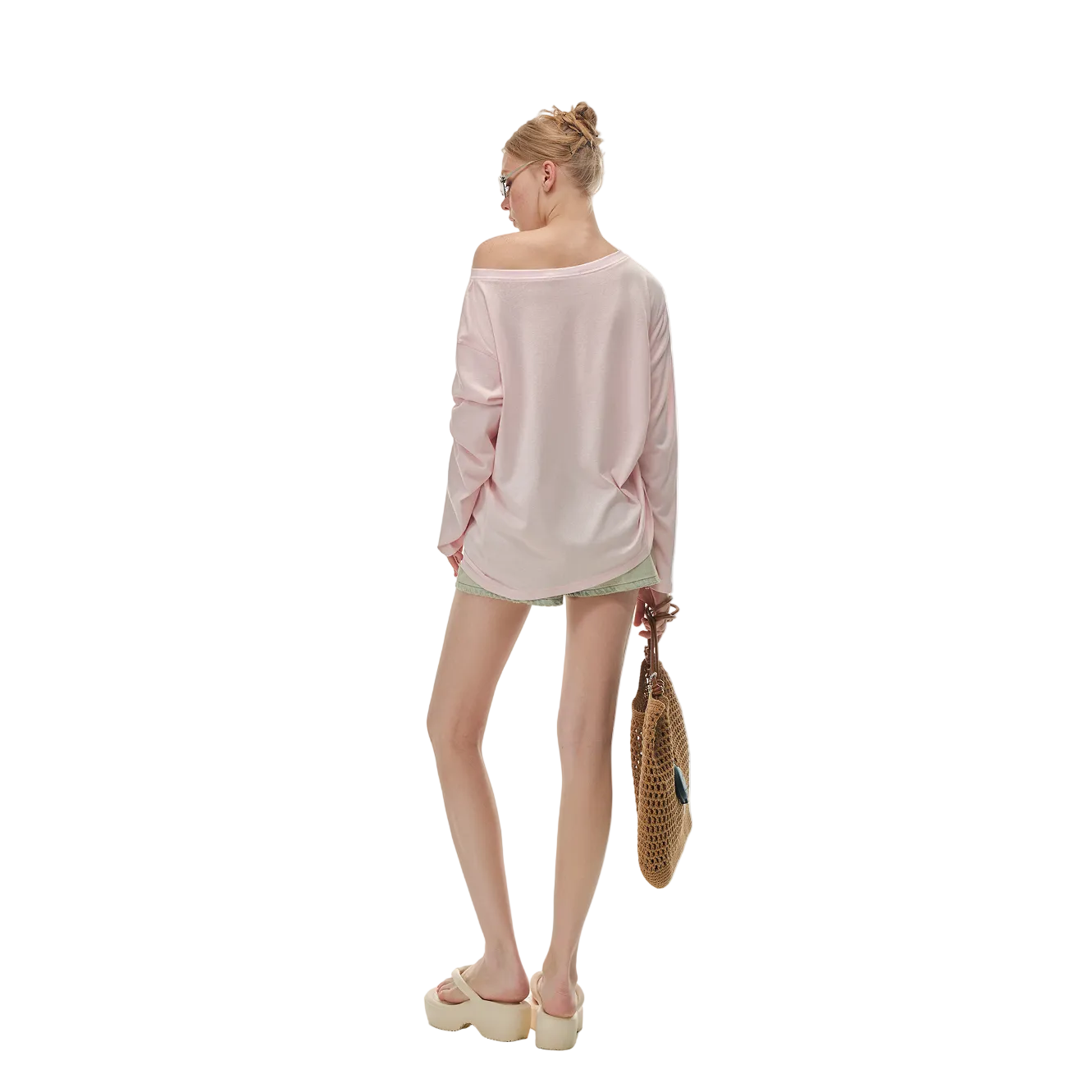 Pink Lyocell Floral Rhinestone Off-Shoulder Long Sleeve