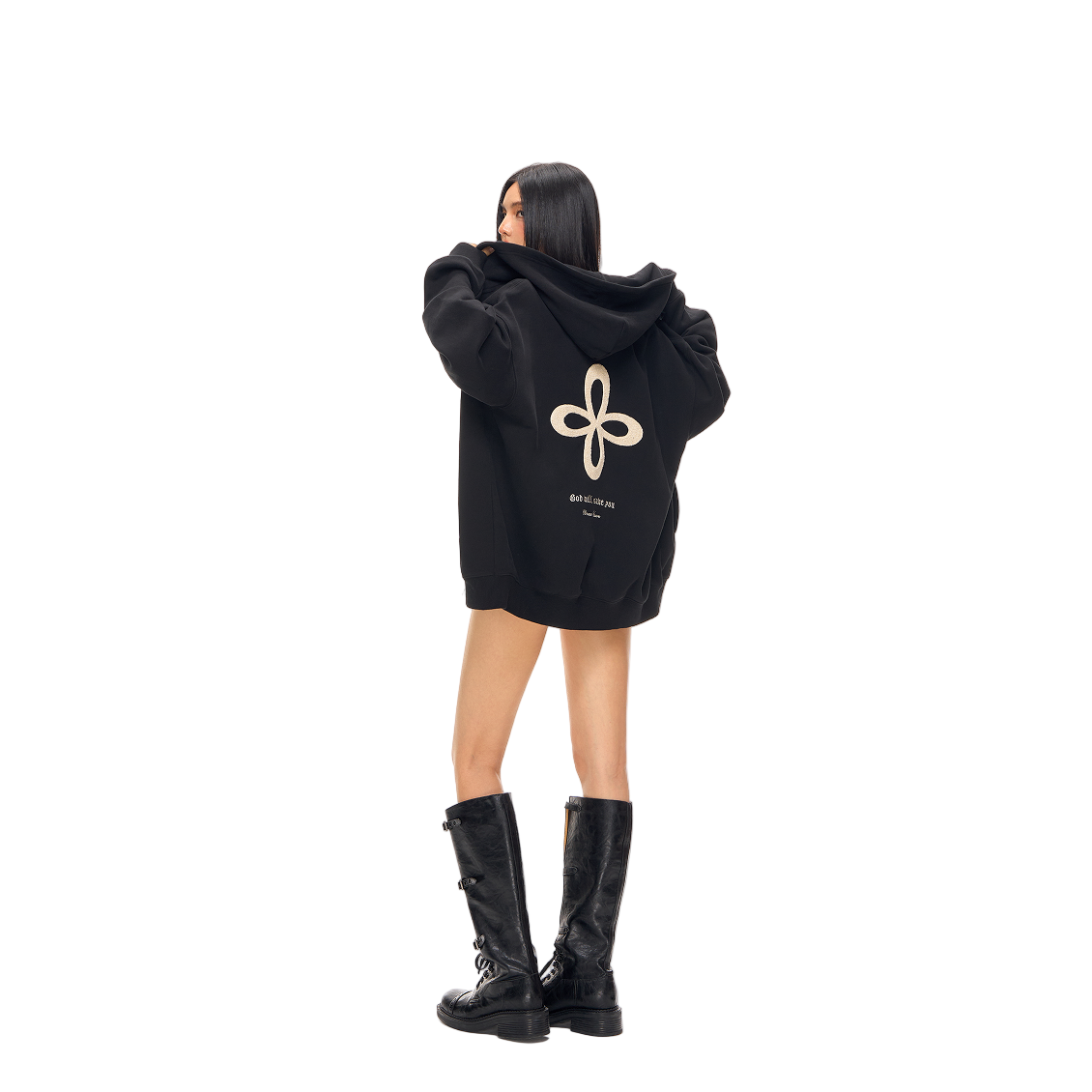 Black Cross-Patterned Fur Zip-Up Cardigan Hoodie