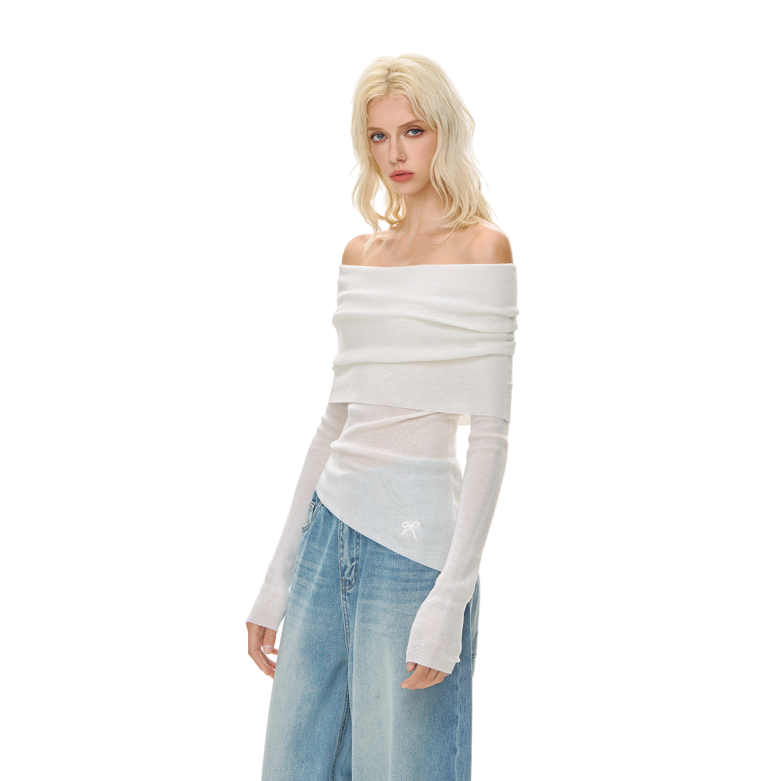 White Wool Blend Stacked Pleated One-shoulder Knitted Long Sleeves