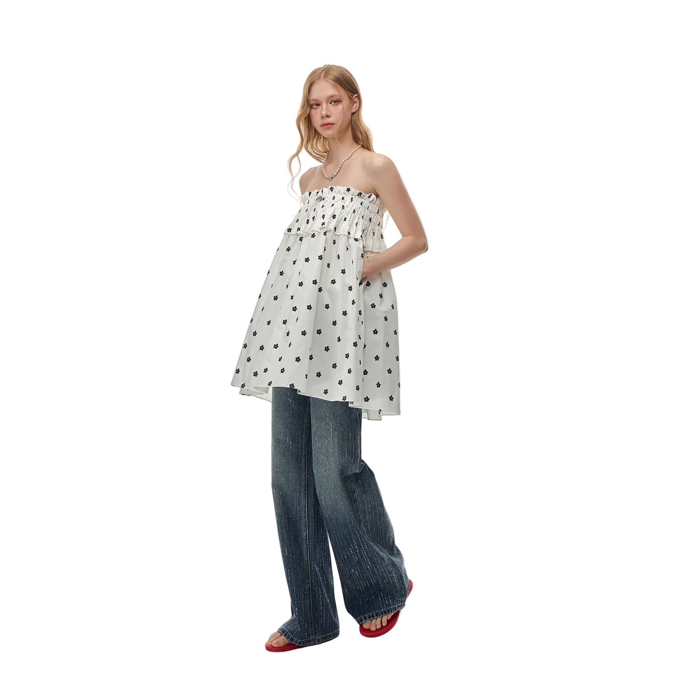 White Printed Two-Way Drawstring Strapless Dress/Skirt