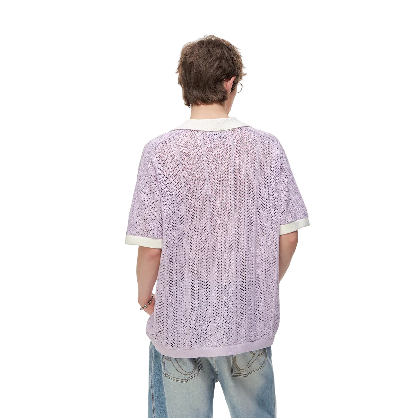 Purple Color Block Polo Collar Hollow-Out Knit Short-Sleeve