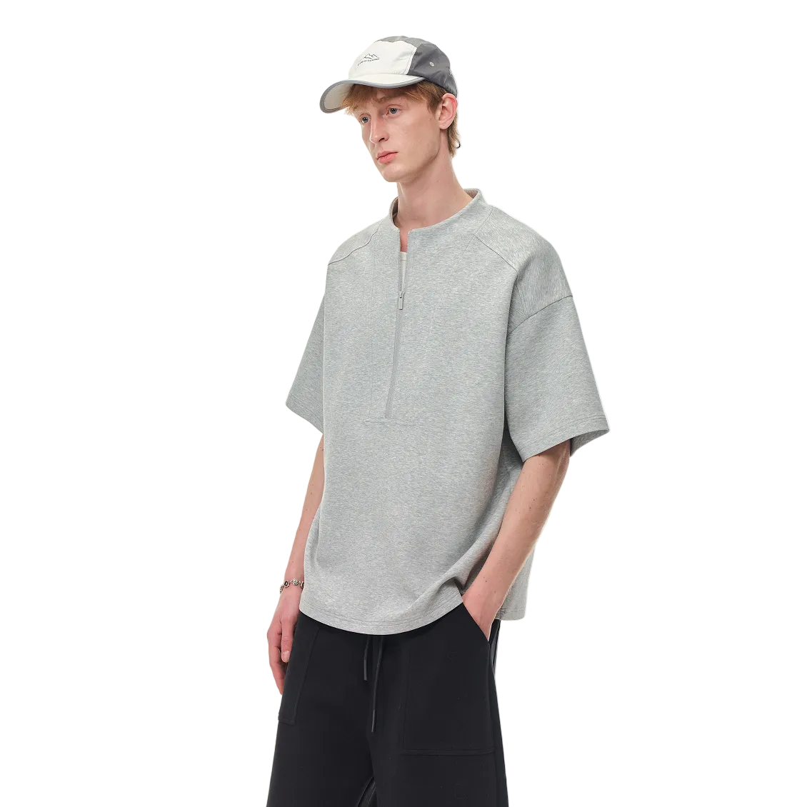Grey Air Layer High Neck Zipper T-Shirt