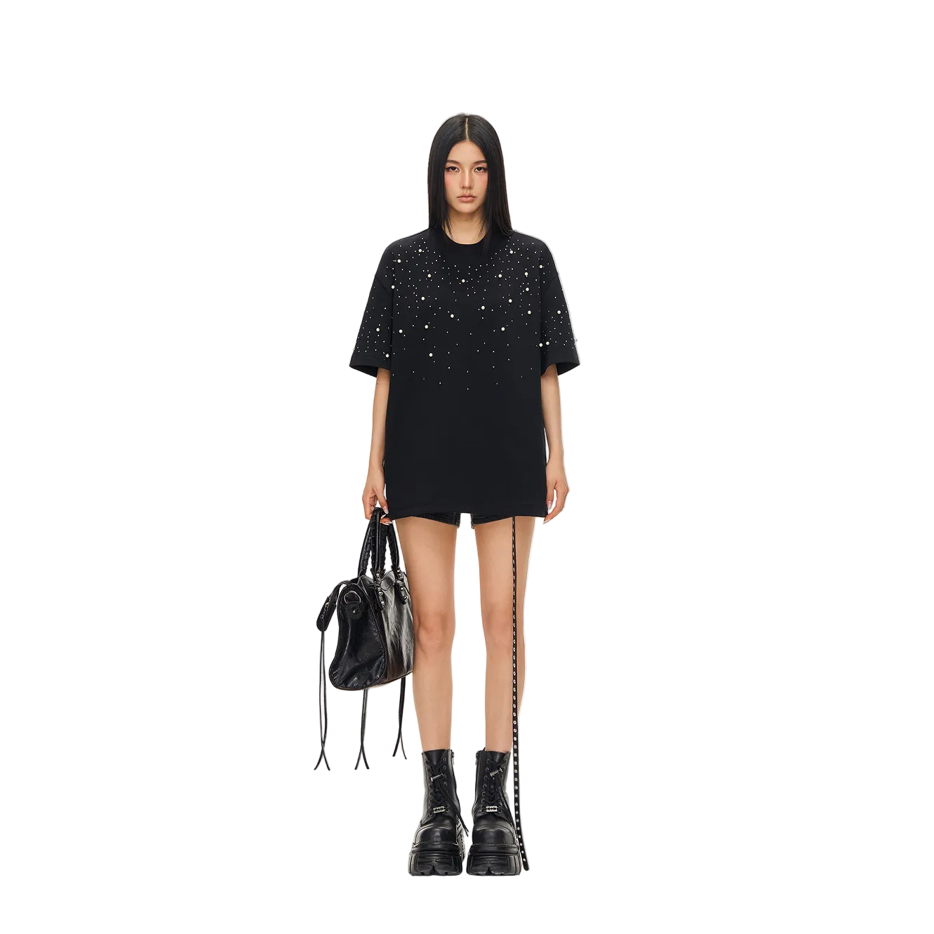 Black Air Cotton Pearl Rhinestone Short-Sleeve T-Shirt