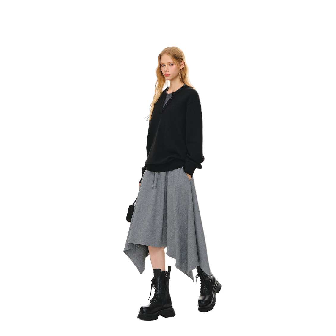 Sheep Wool Blend V-neck Fake Two-piece Knit Sweater In Black