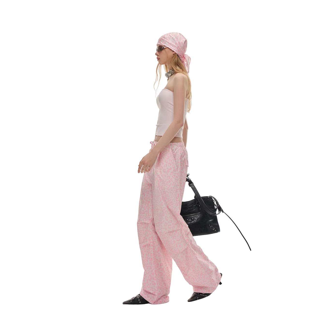 Pink Leopard Print Drawstring Pleated Straight-leg Paratrooper Pants