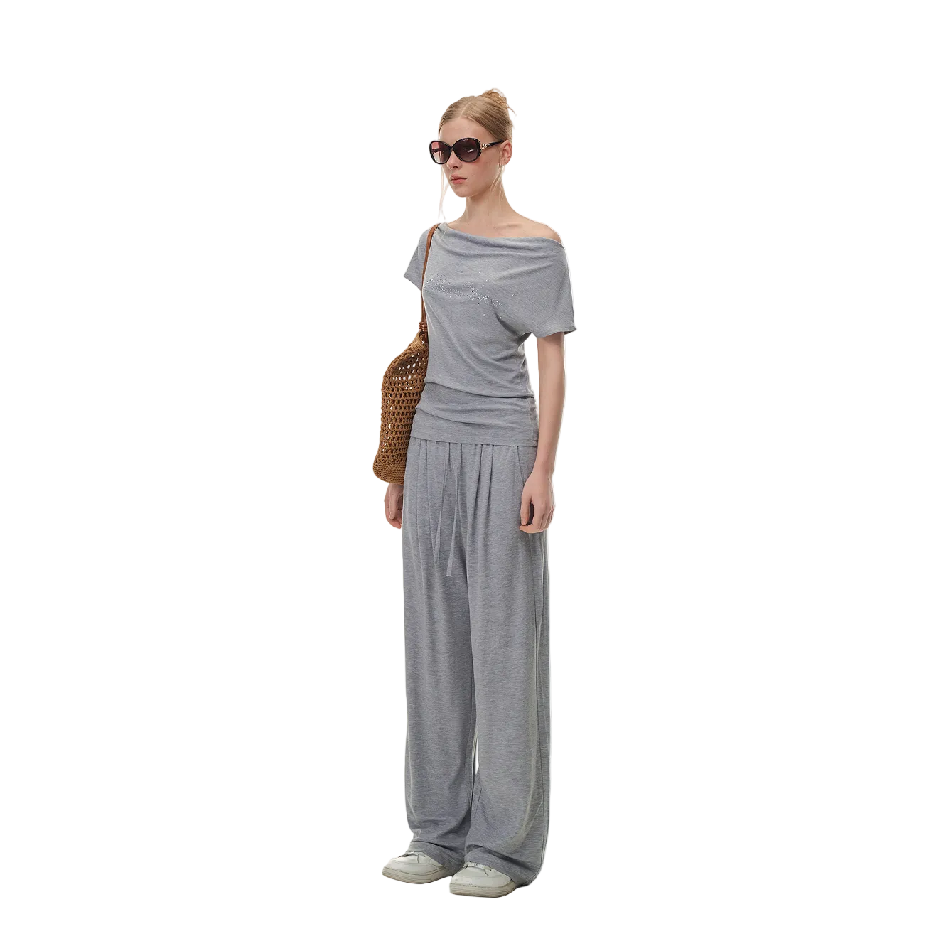 Grey Lyocell Duffle Collar Off-Shoulder Short Sleeve
