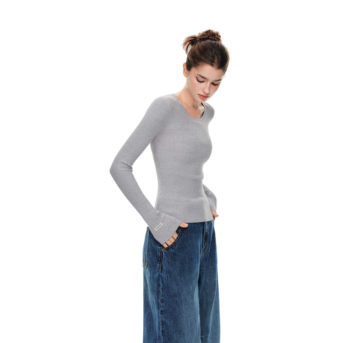 Grey High Twist Bamboo Yarn U-Neck Striped Slim Fit Knitted Shirt