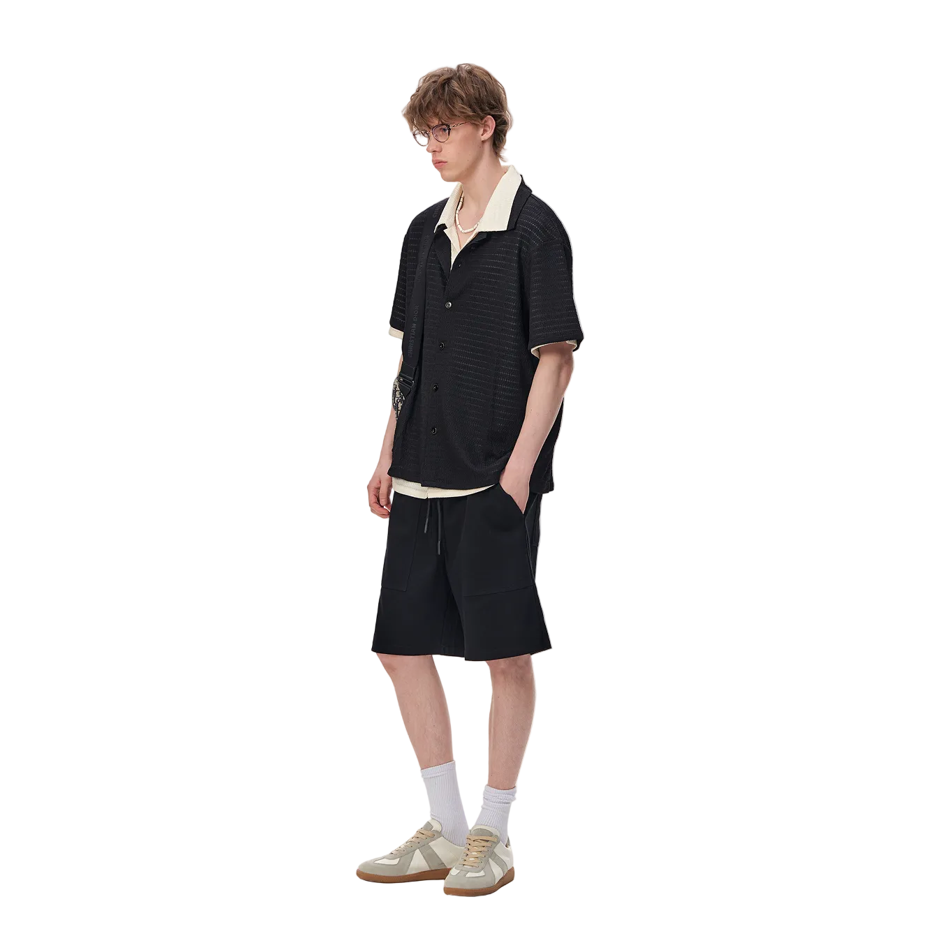 Black Embossed Striped Short-Sleeve Shirt