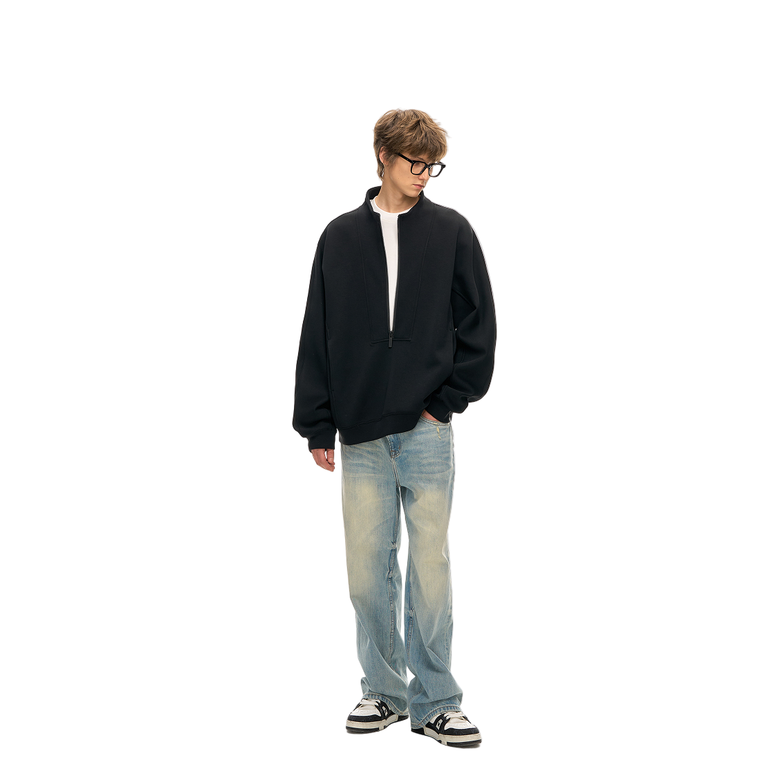 Black Air Layer High Neck Zipper Casual Fleece Sweatshirt