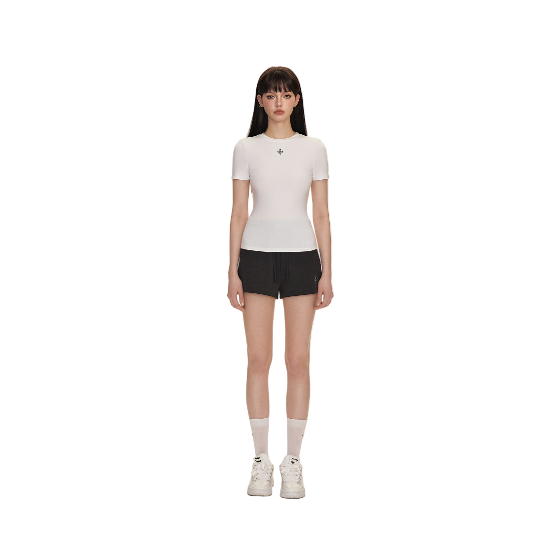 White Cross-Flower Basic All-Match Hourglass Waist Short-Sleeved T-Shirt