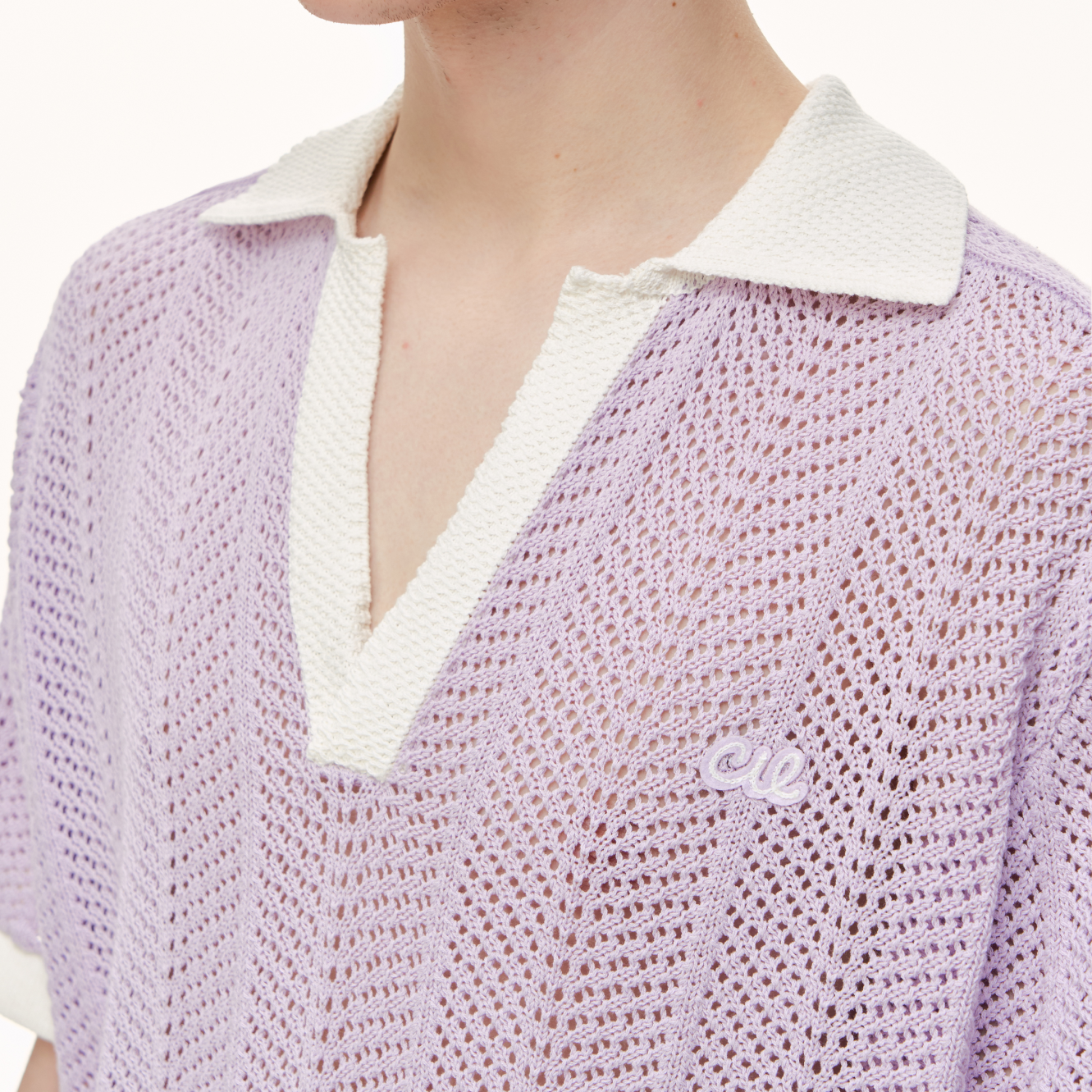 Purple Color Block Polo Collar Hollow-Out Knit Short-Sleeve