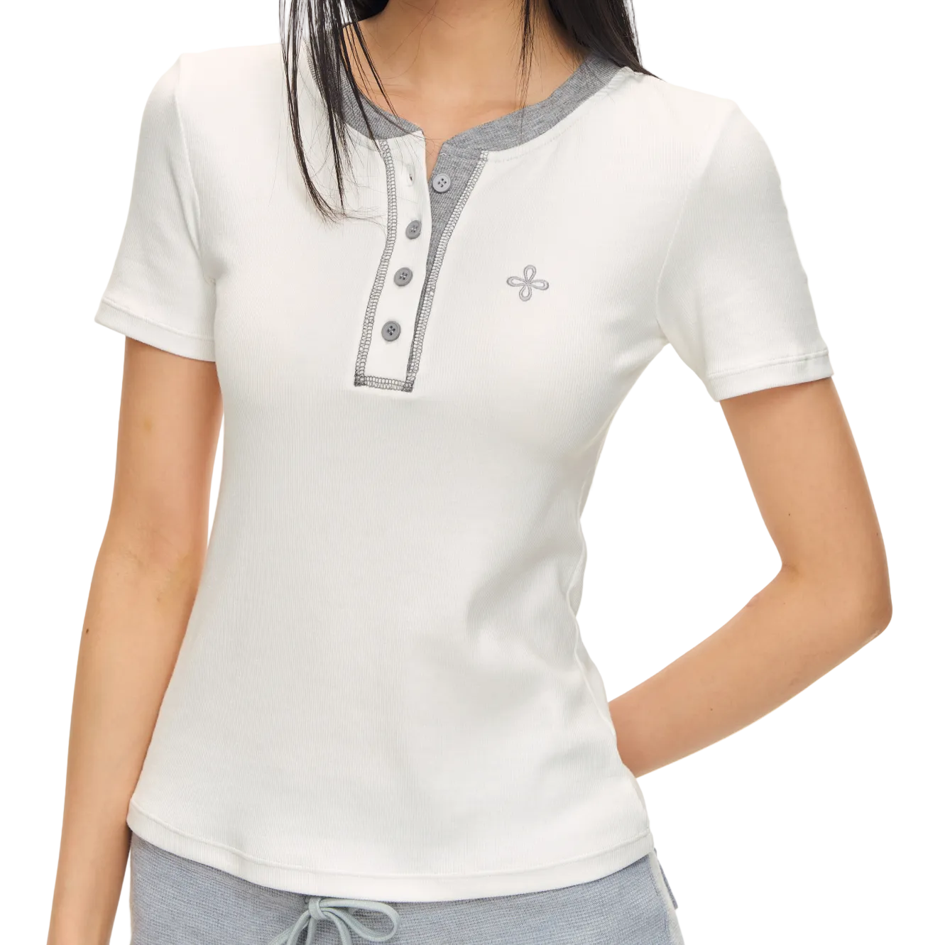White Cross Contrast Henley Collar Slim Fit Short Sleeve
