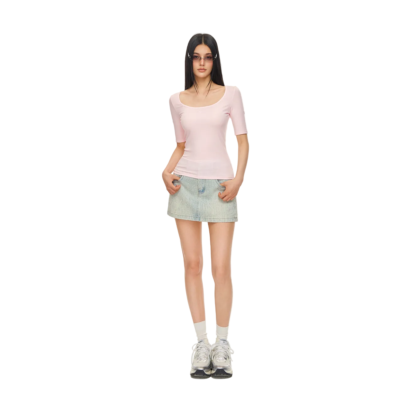 Pink Lyocell Cross Mid-Sleeve T-Shirt