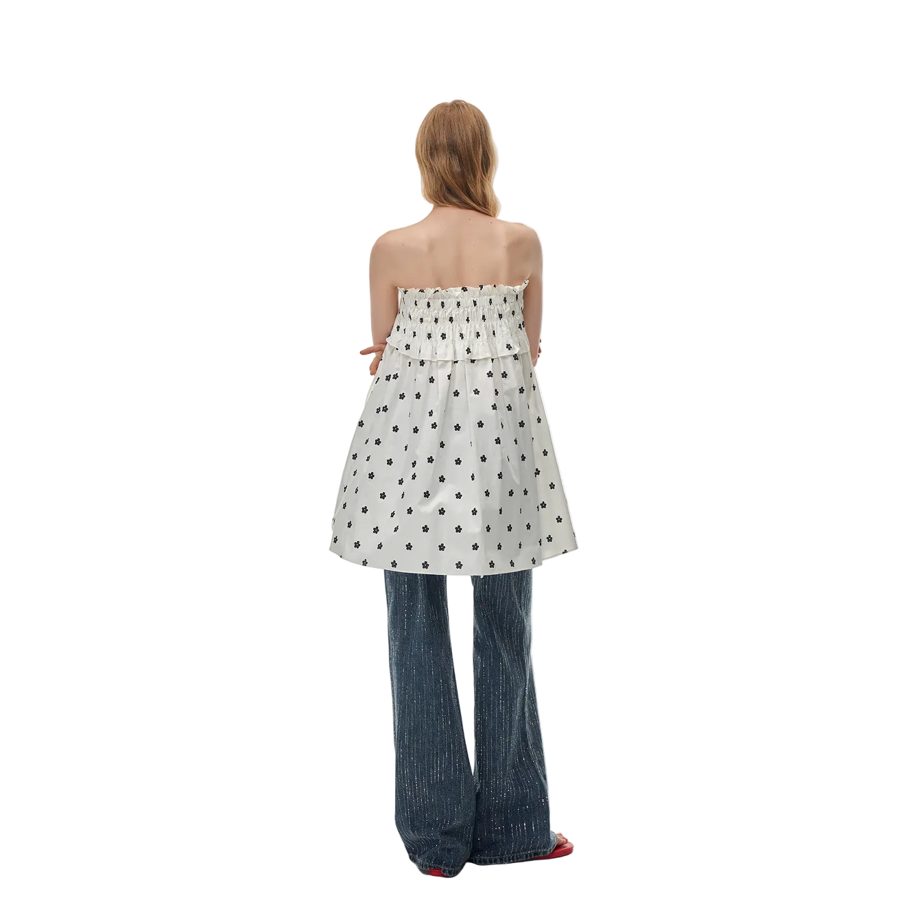 White Printed Two-Way Drawstring Strapless Dress/Skirt
