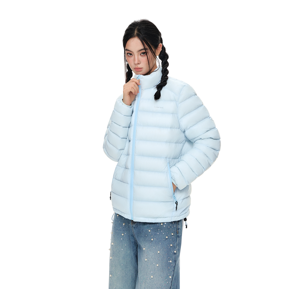 Blue Lightweight Cloud-like Ribbed Stand Collar Warm Down Jacket
