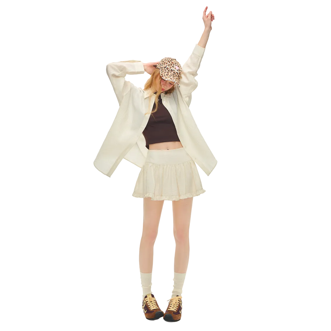 Beige Tencel Wool Textured Embroidered Cake Skirt