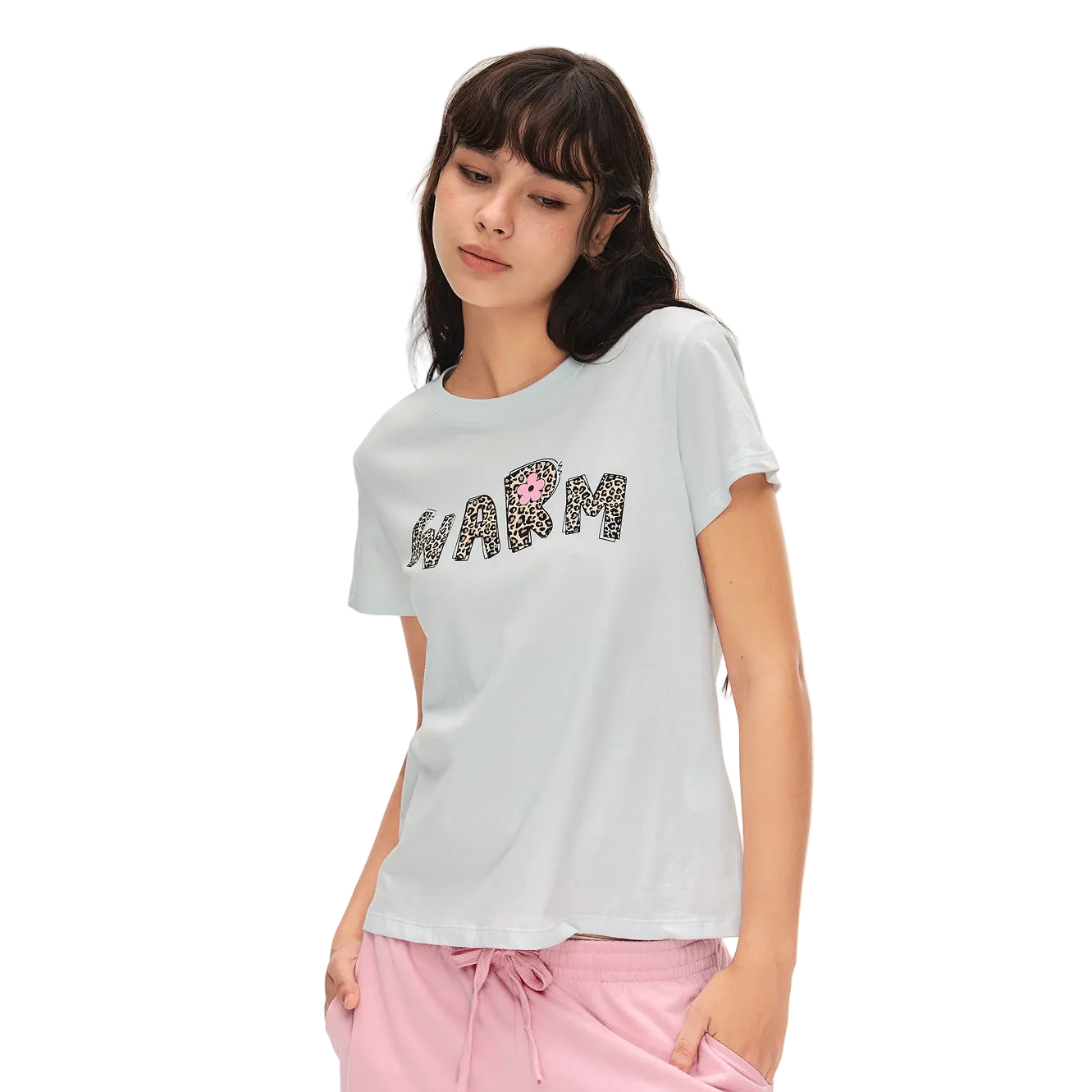 Blue Linen Leopard Print Letter Print Short-Sleeve T-Shirt