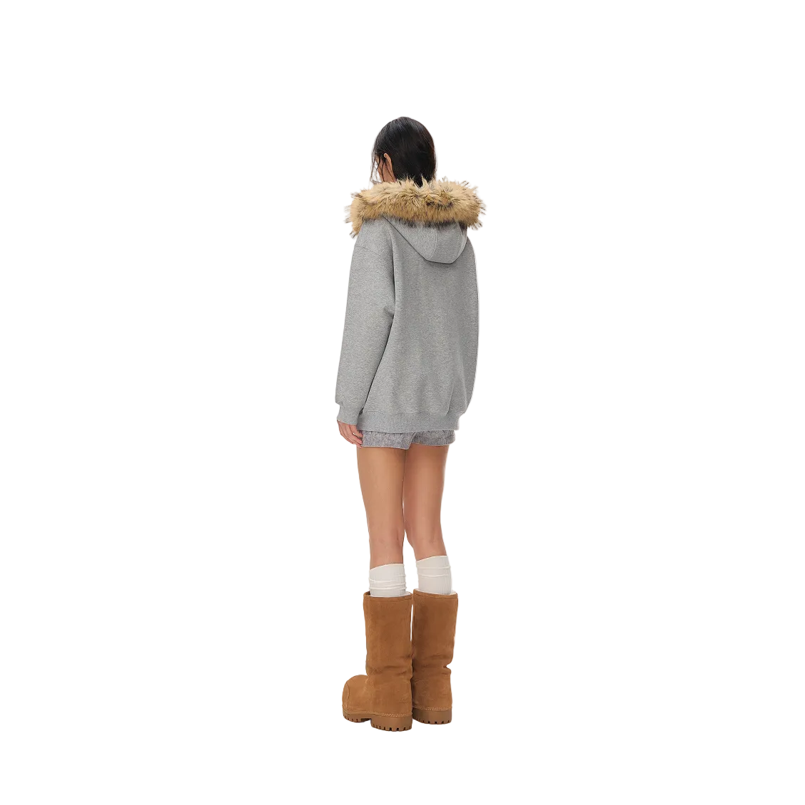 Grey Detachable Fur Collar Rhinestone Air Layer Hooded Sweatshirt