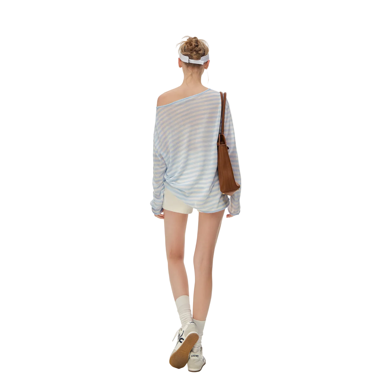 Blue Tencel Linen Striped Off-Shoulder Cover-Up T-Shirt