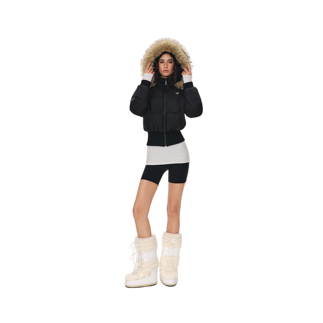 Black Short Down Jacket with Detachable Large Fur Collar