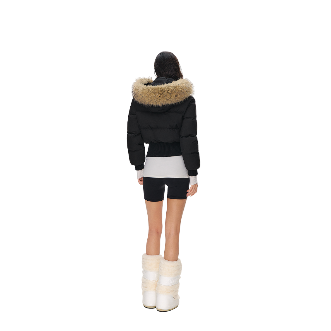 Black Short Down Jacket with Detachable Large Fur Collar