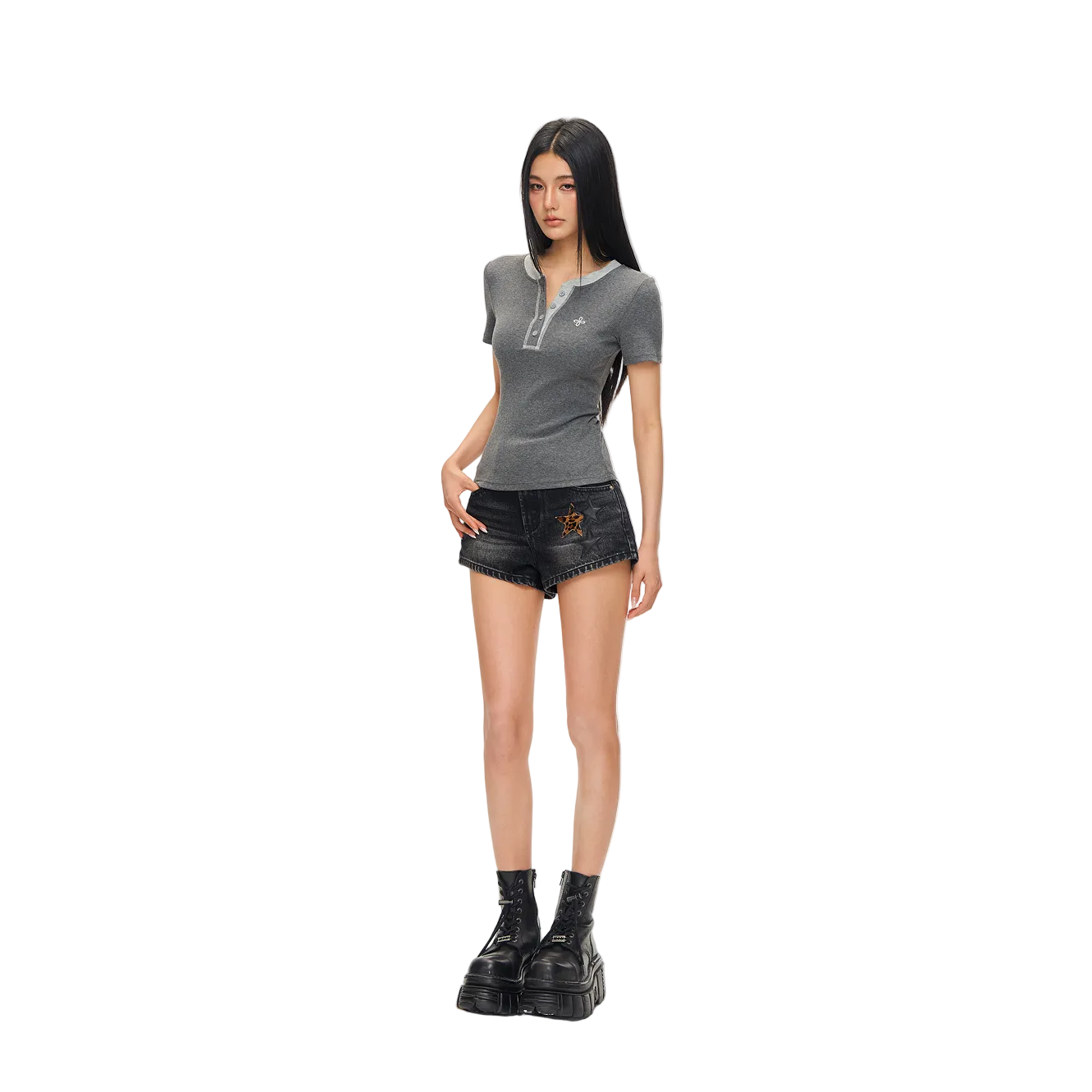 Grey Cross Contrast Henley Collar Slim Fit Short Sleeve