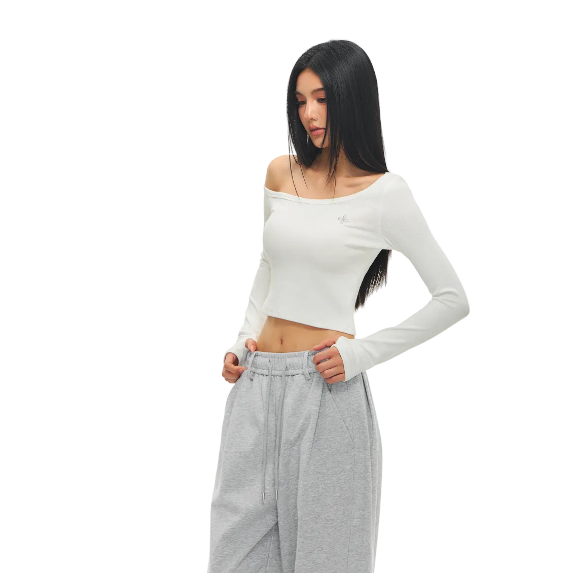 White Cross Flower Asymmetrical Off-Shoulder Long Sleeve