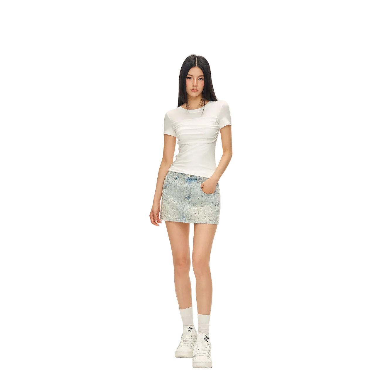 Blue Rhinestone-Studded Denim Mini Skirt