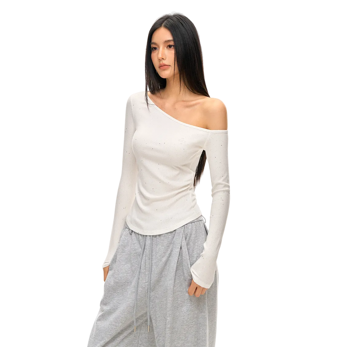 White Rhinestones Cross Off-Shoulder Long Sleeve