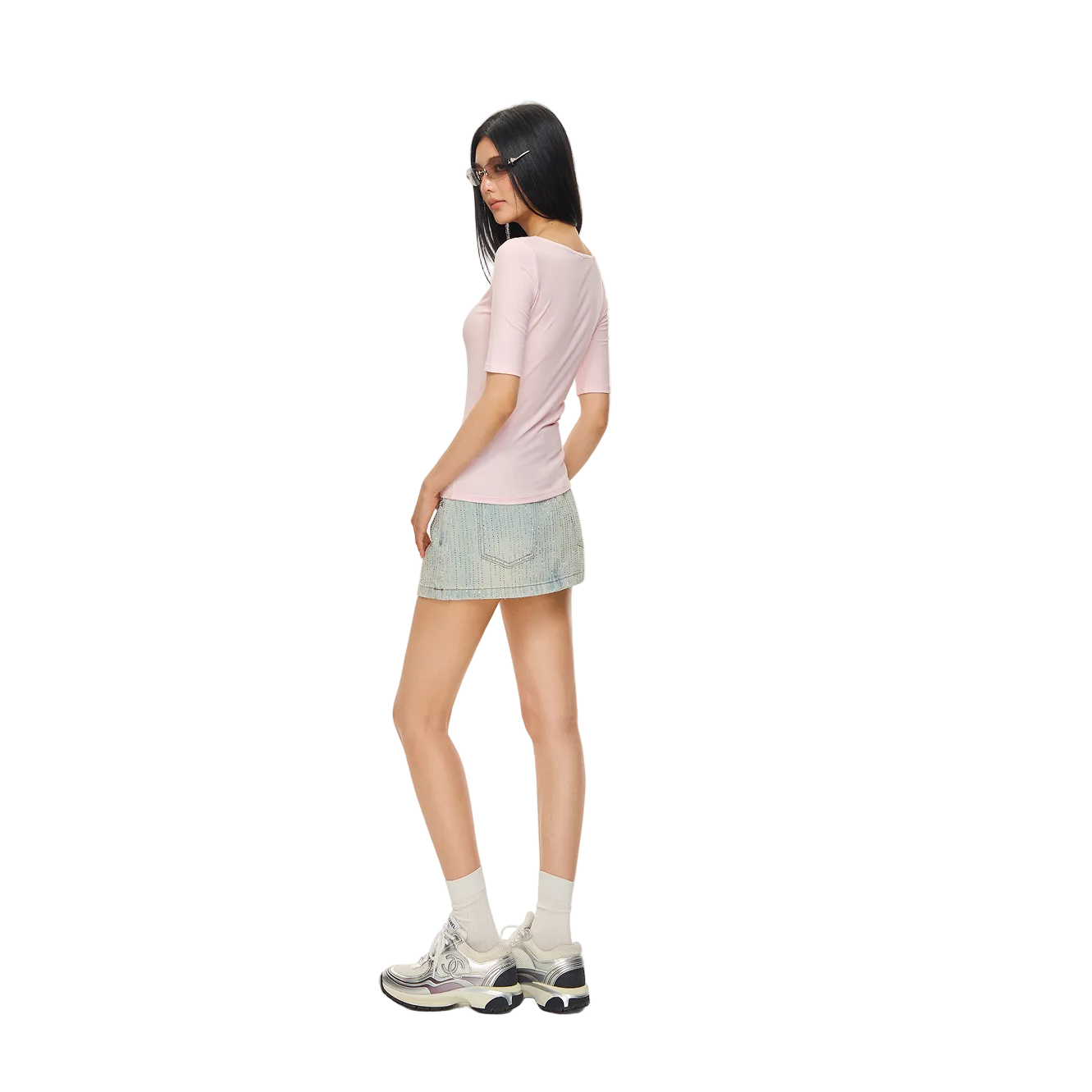 Pink Lyocell Cross Mid-Sleeve T-Shirt