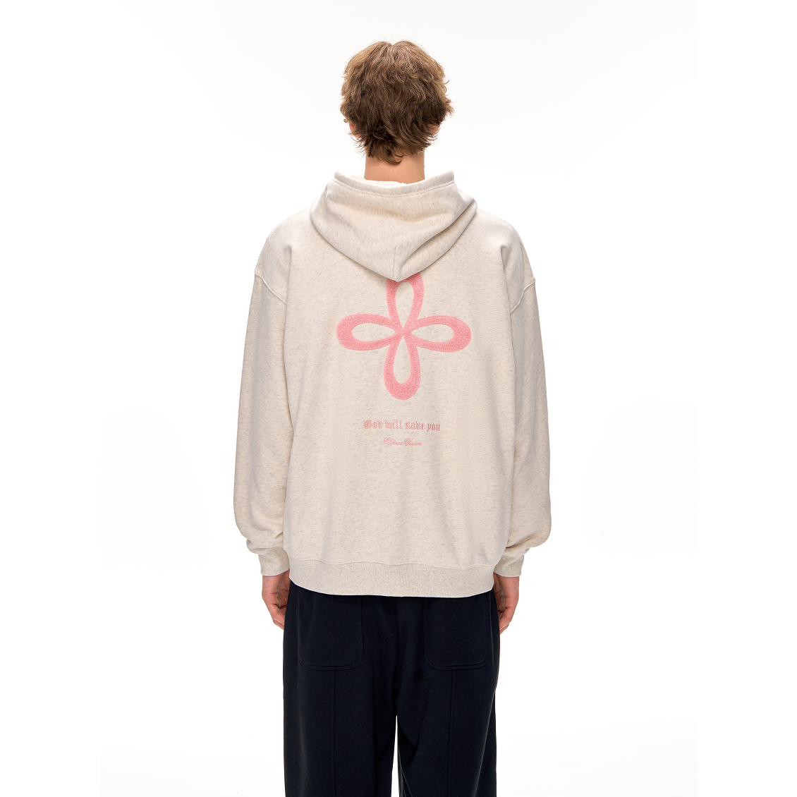 Beige Cross-Patterned Fur Zip-Up Hooded Sweatshirt