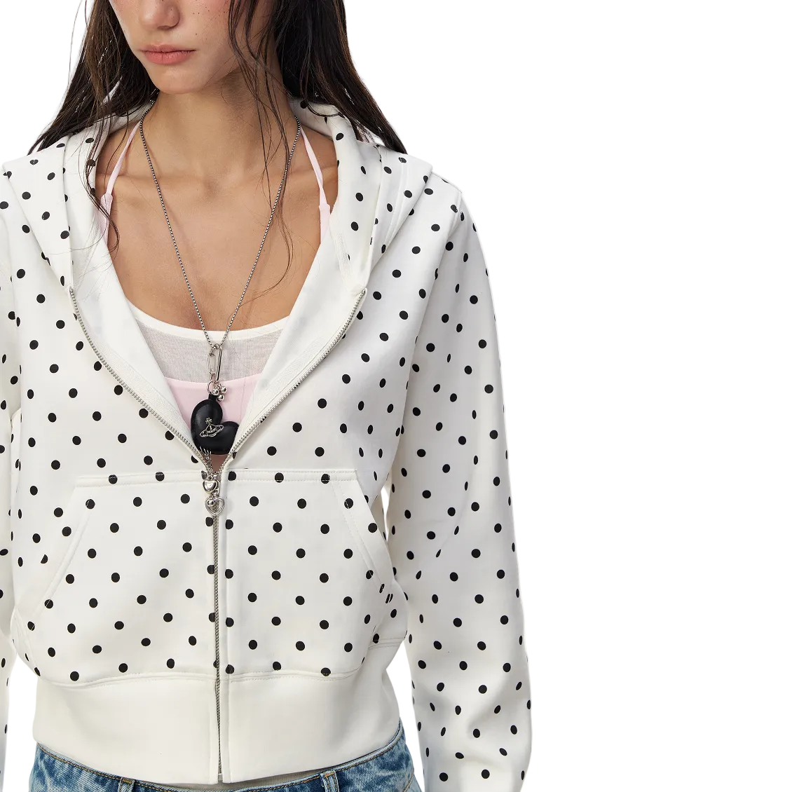 White Polka Dot Hooded Zip-Up Sweatshirt Short Jacket