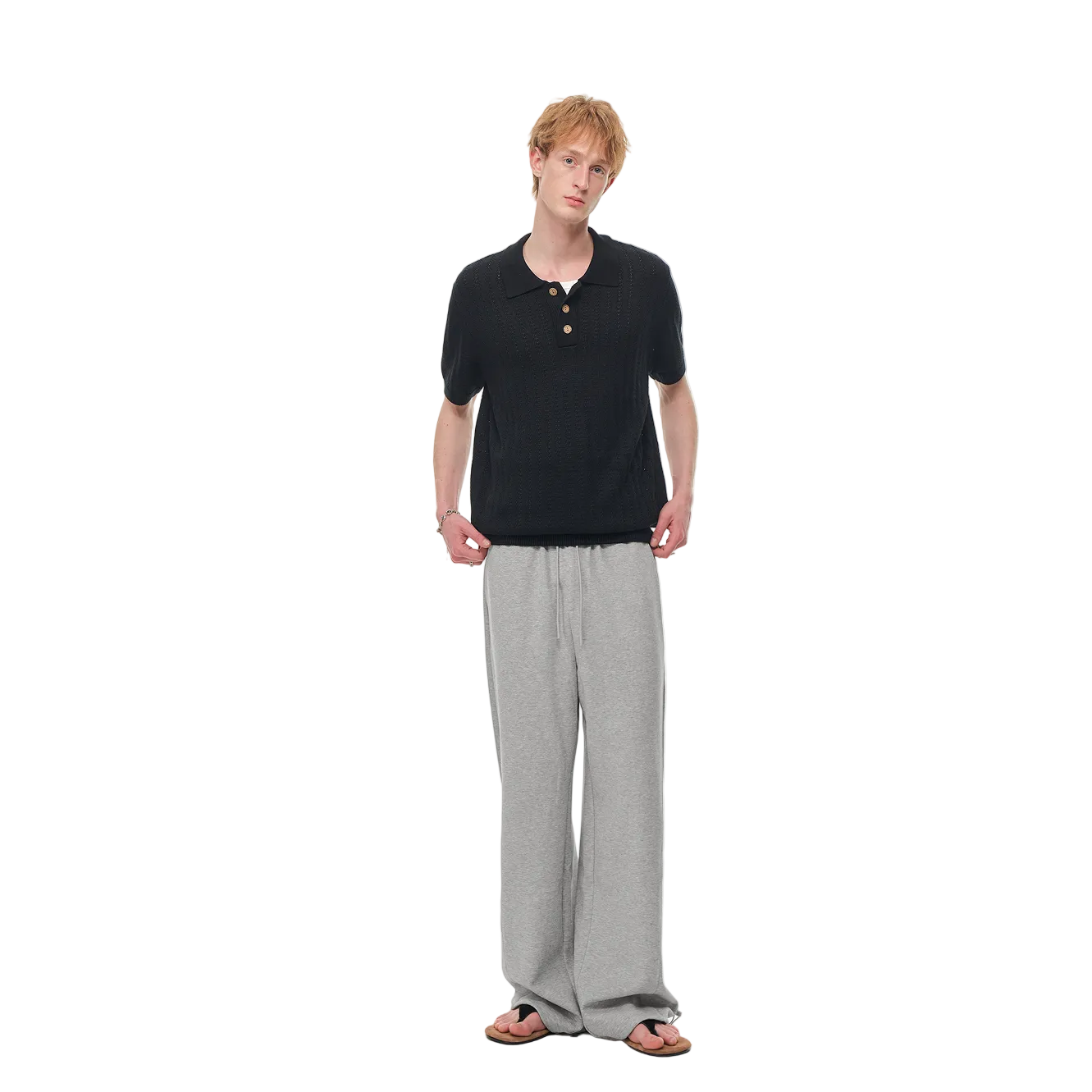 Black Wheat-Pattern Textured Knit Polo Shirt