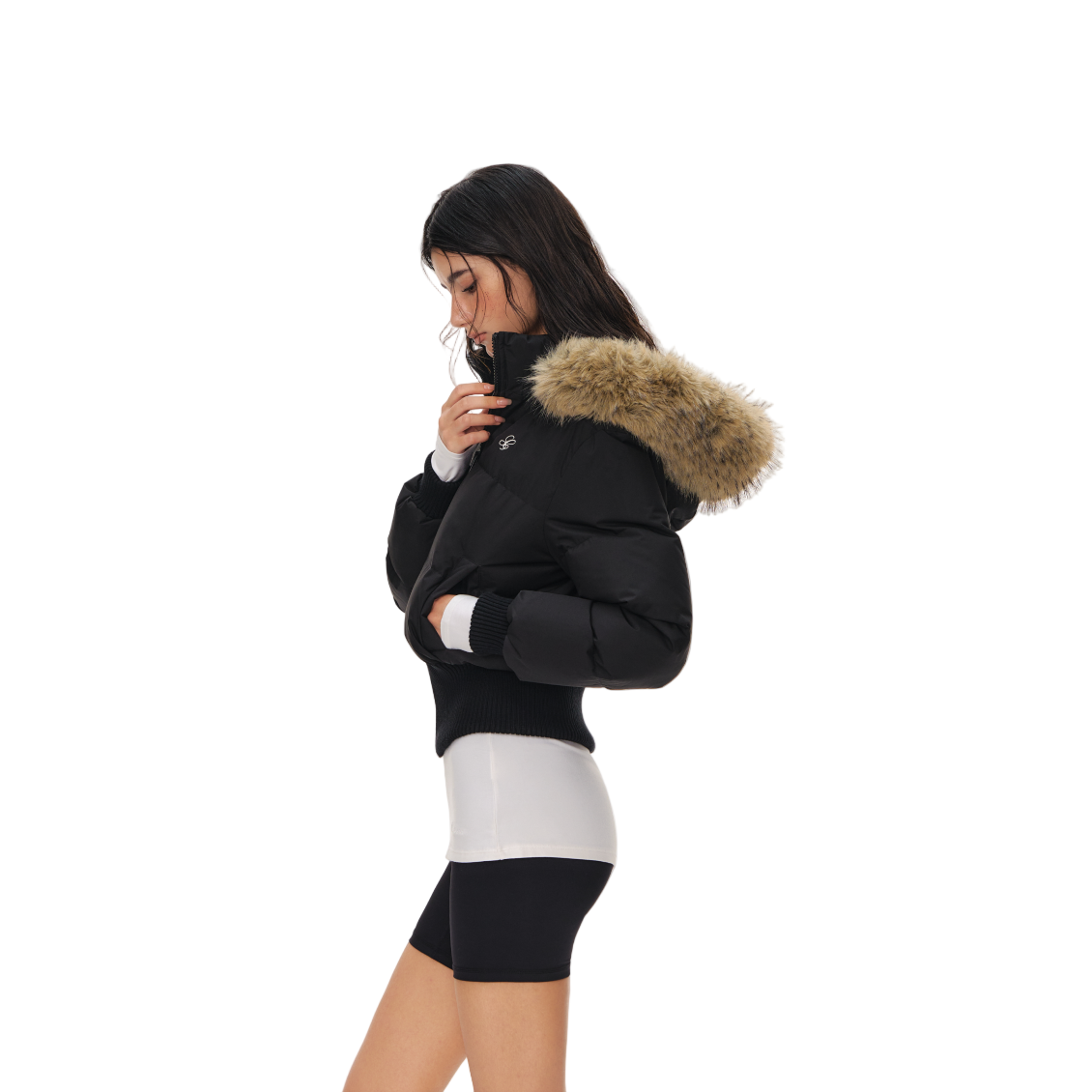 Black Short Down Jacket with Detachable Large Fur Collar