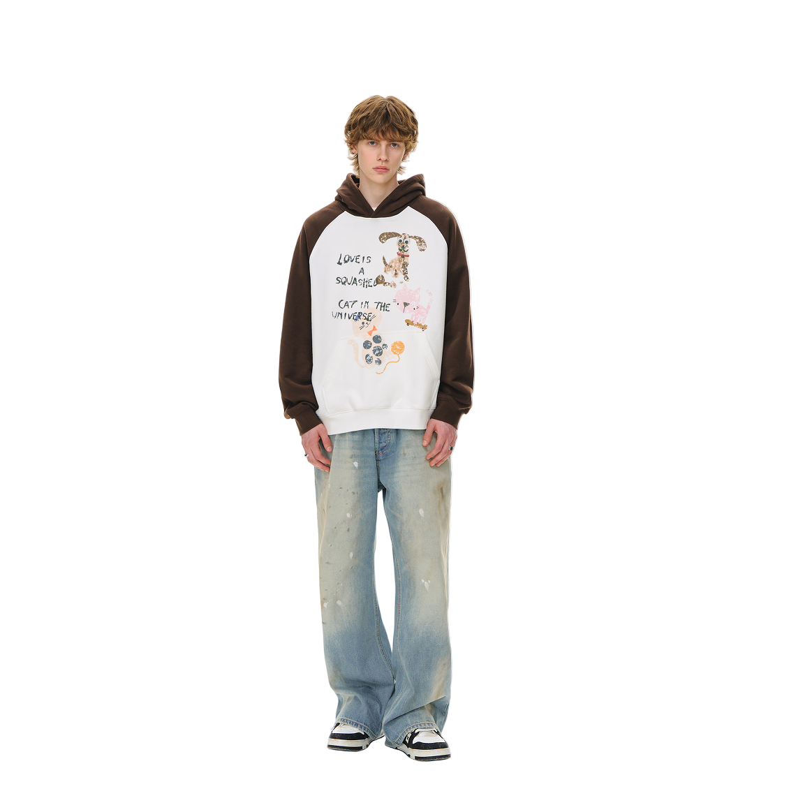 Brown Hand-painted Graffiti Print Raglan Hooded Sweatshirt